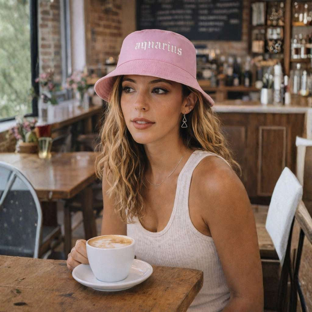 Woman at a coffee shop wearing a embroidered Aquarius Bucket Hat - DSY Lifestyle