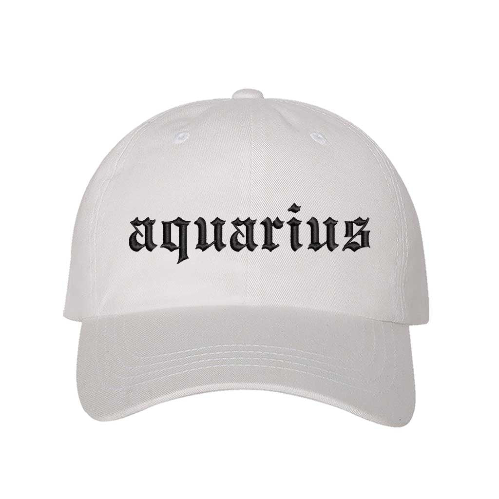 White Aquarius Baseball Hat, a zodiac statement hat for expressive personalities and everyday standout style. DSY Lifestyle.
