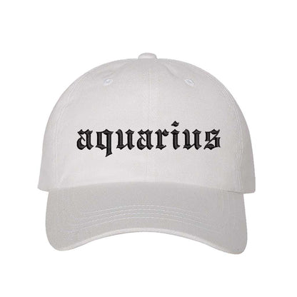 White Aquarius Baseball Hat, a zodiac statement hat for expressive personalities and everyday standout style. DSY Lifestyle.
