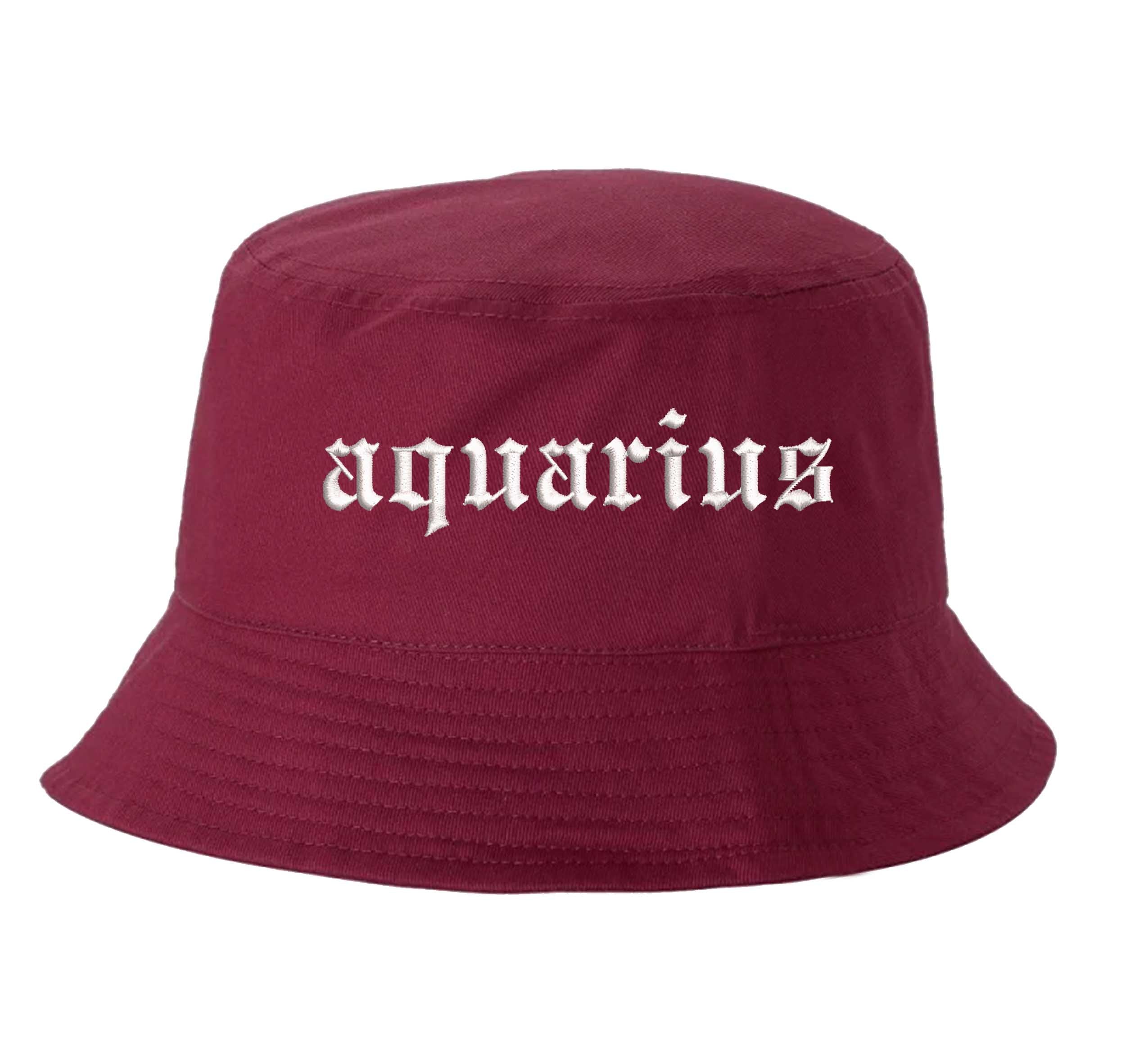 Burgundy Aquarius Bucket Hat, a zodiac statement hat designed for bold individuality and expressive everyday style. DSY Lifestyle.
