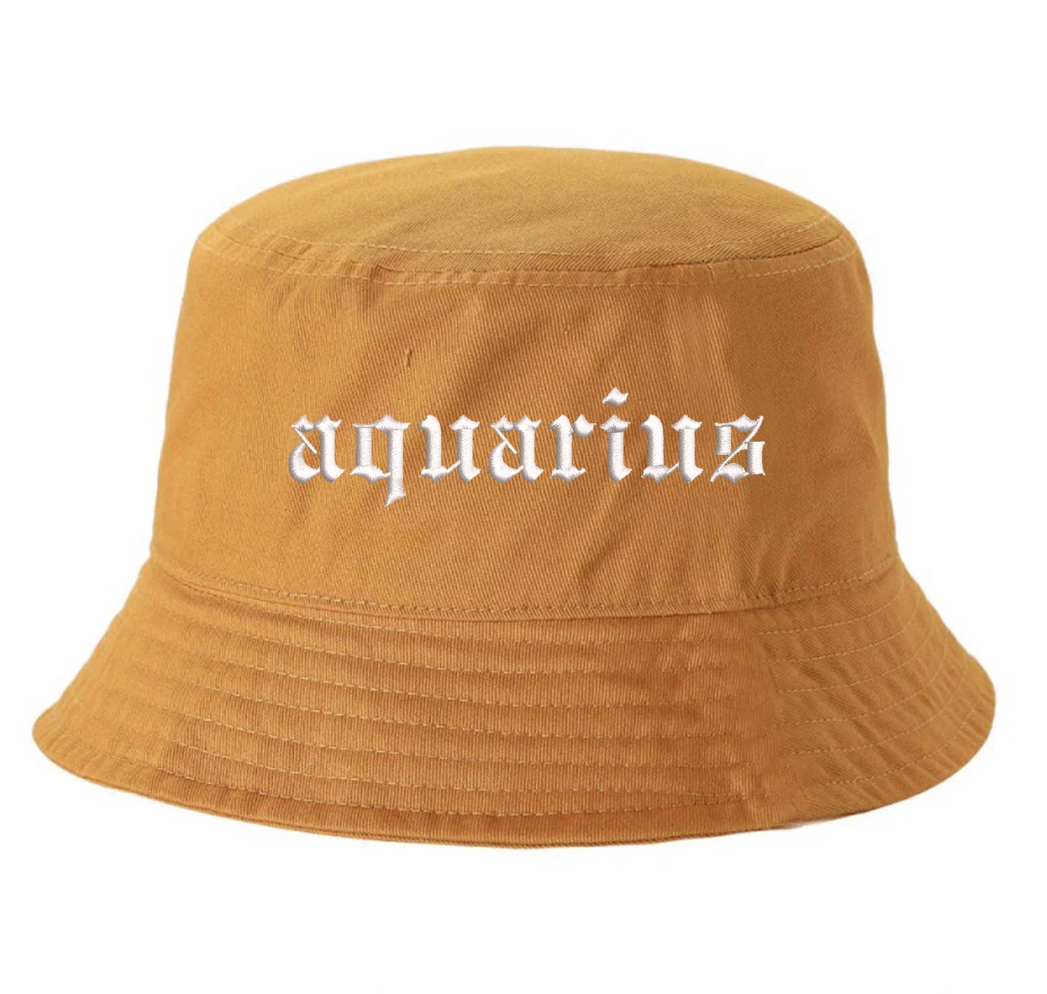 Mustard Aquarius Bucket Hat, a zodiac statement hat designed for bold individuality and expressive everyday style. DSY Lifestyle.
