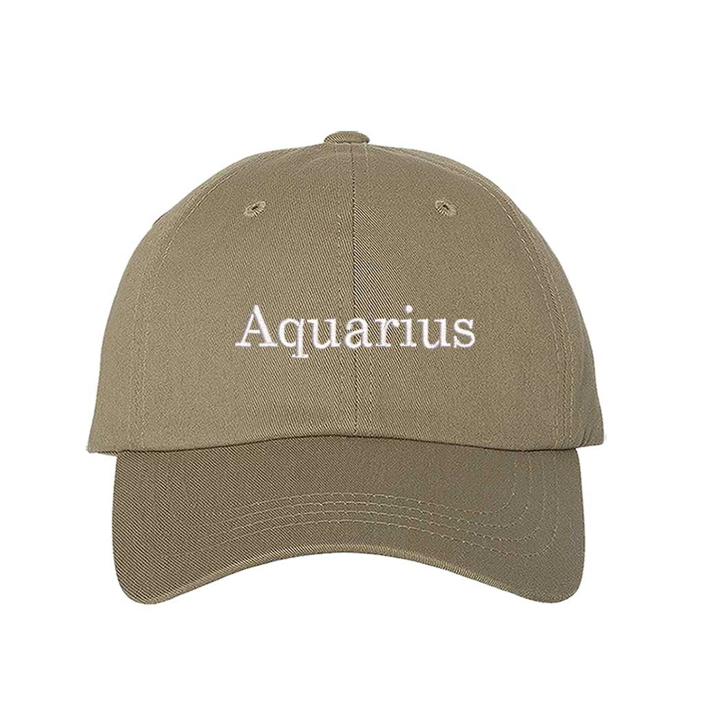 Khaki Aquarius embroidered baseball hat featuring classic curved brim design, premium stitching, and hook-and-loop adjustable closure – DSY Lifestyle