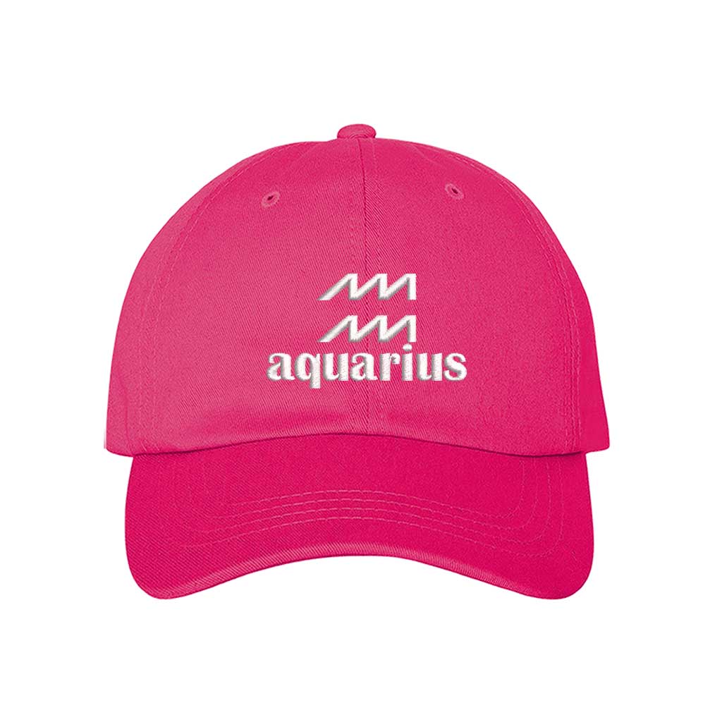 Hot Pink Aquarius Symbol Embroidered Baseball Hat, a zodiac-inspired statement hat for expressive, confident everyday style. DSY Lifestyle.
