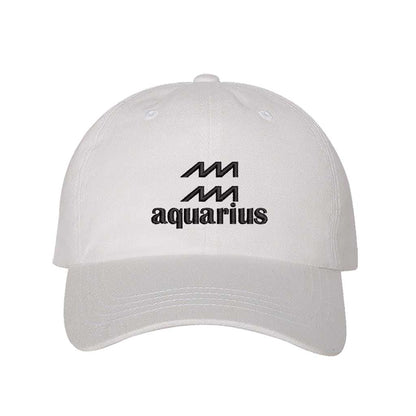 White Aquarius Symbol Embroidered Baseball Hat, a zodiac-inspired statement hat for expressive, confident everyday style. DSY Lifestyle.