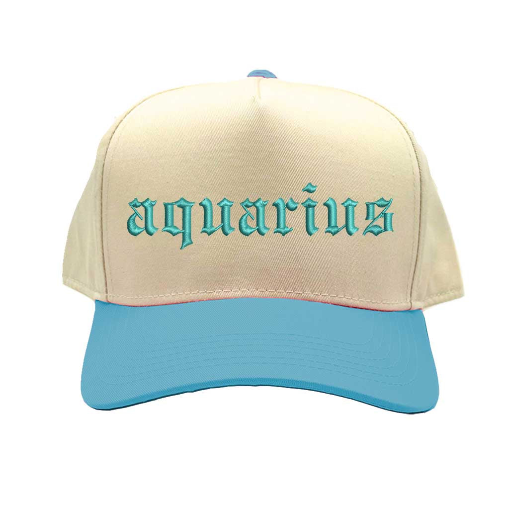 Natural Aqua Aquarius Two-Tone Baseball Hat, a zodiac statement hat for bold personalities and expressive everyday style. DSY Lifestyle.