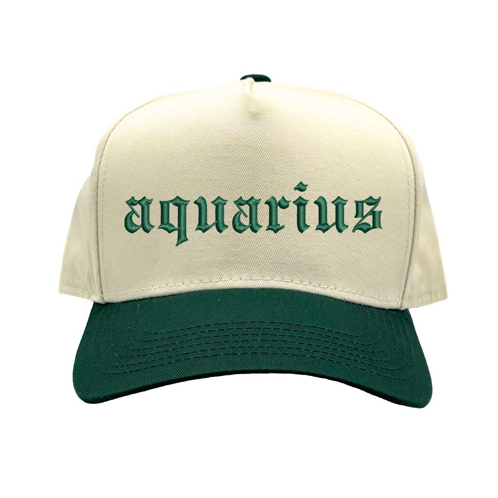 Natural Forest Green Aquarius Two-Tone Baseball Hat, a zodiac statement hat for bold personalities and expressive everyday style. DSY Lifestyle.
