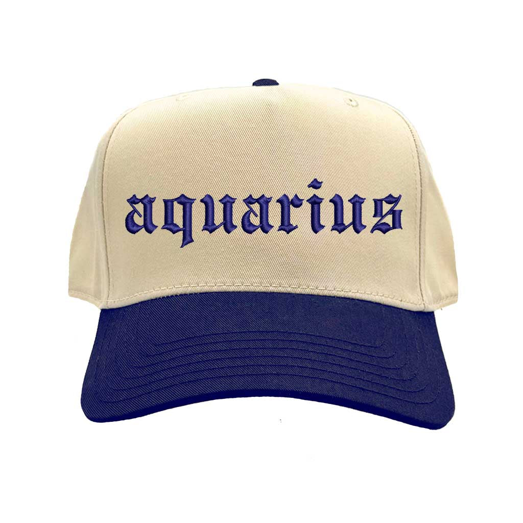 Natural Navy Blue Aquarius Two-Tone Baseball Hat, a zodiac statement hat for bold personalities and expressive everyday style. DSY Lifestyle.