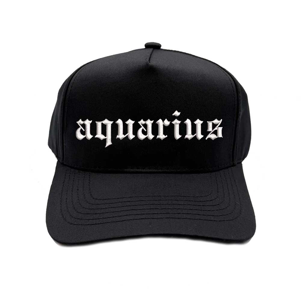 Solid Black Aquarius 5-Panel Baseball Hat, a zodiac statement hat for bold personalities and expressive everyday style. DSY Lifestyle.