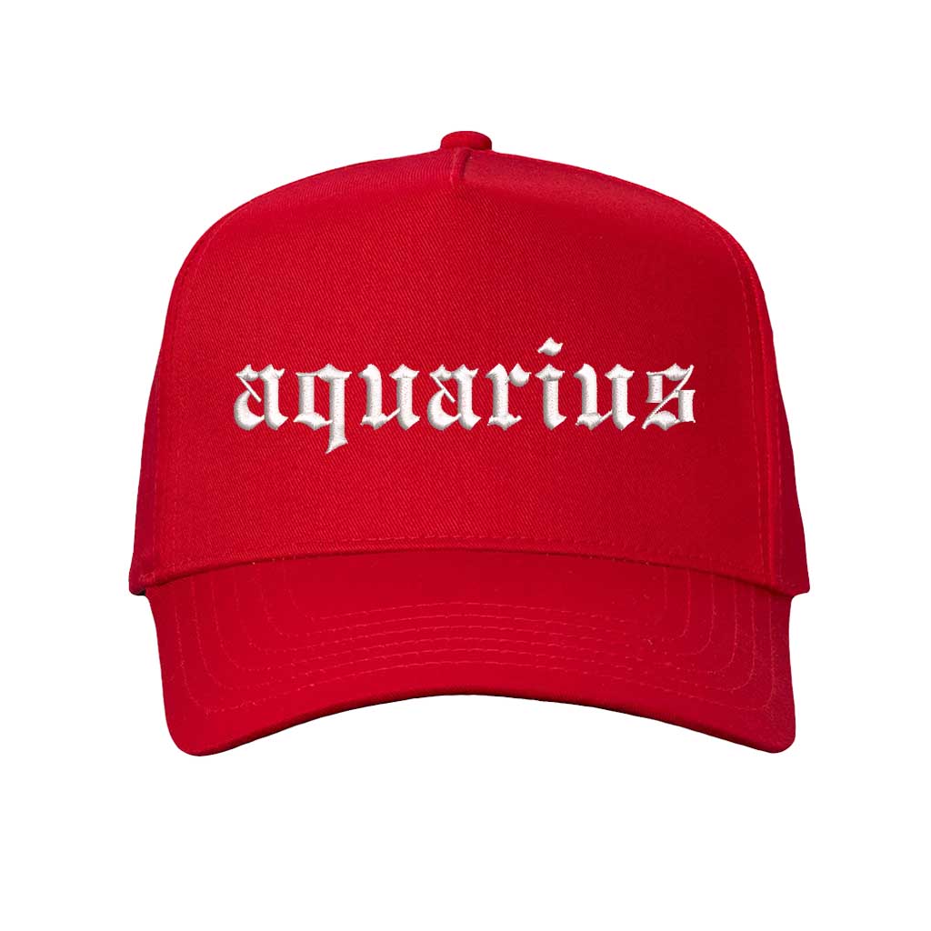 Solid Red Aquarius 5-Panel Baseball Hat, a zodiac statement hat for bold personalities and expressive everyday style. DSY Lifestyle.