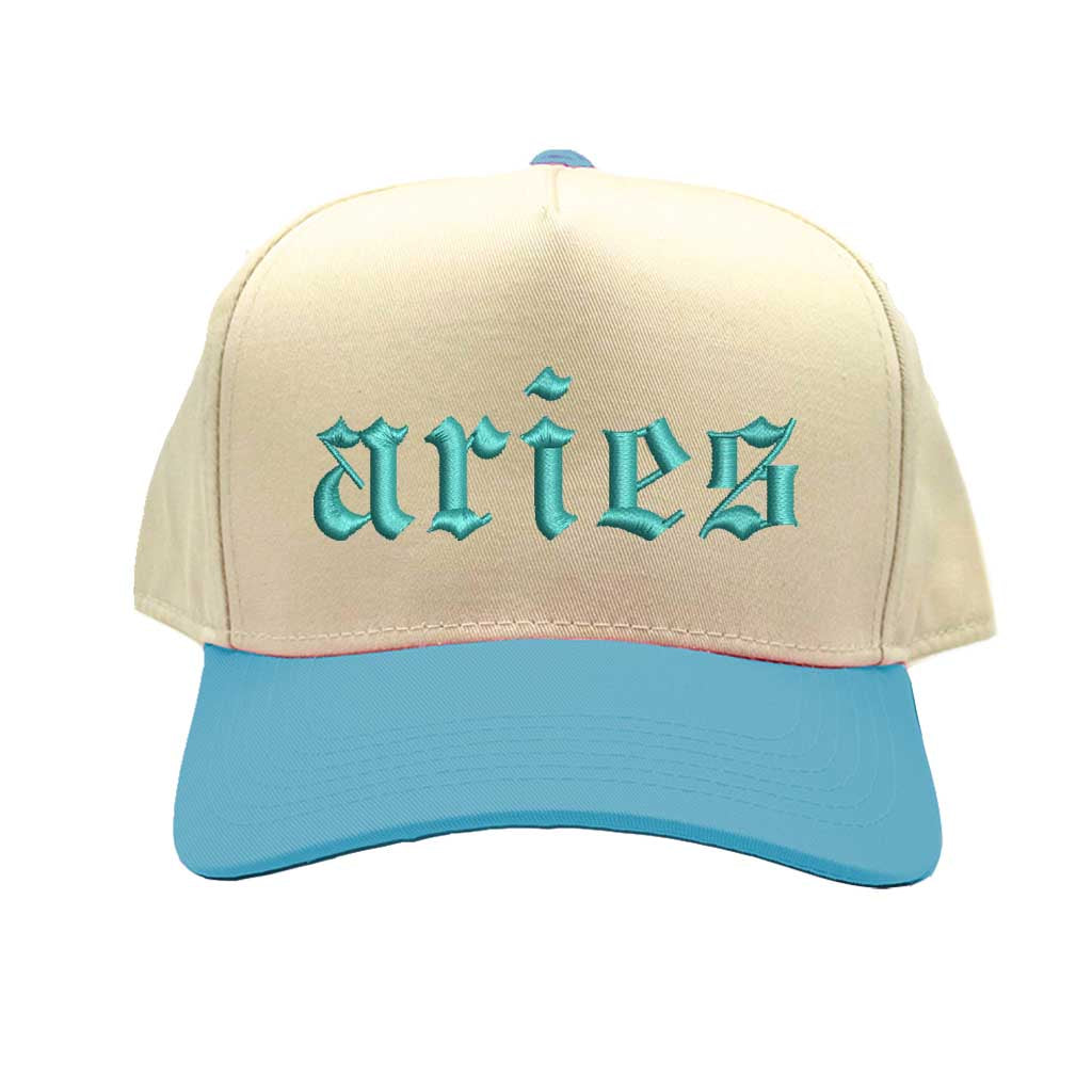 Natural Aqua Detailed close-up of the premium thread embroidery showing the clean lines of the Aries on a contrast-colored cap. - DSY Lifestyle 
