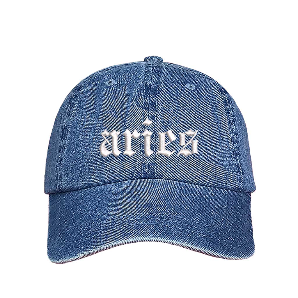 Light Denim Aries Embroidered Baseball Hat featuring crisp white Aries script on a premium cotton crown; a bold astrological statement piece by DSY Lifestyle.