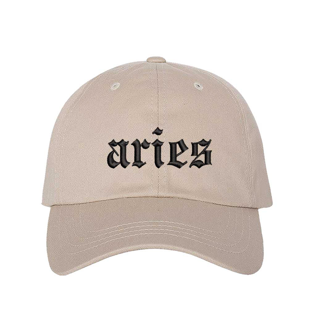 Stone Aries Embroidered Baseball Hat featuring crisp black Aries script on a premium cotton crown; a bold astrological statement piece by DSY Lifestyle.