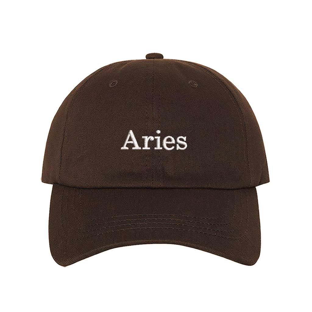 Brown Aries Zodiac Embroidered Baseball Hat featuring sharp white embroidery on a premium cotton crown; a sophisticated astrological statement piece by DSY Lifestyle.