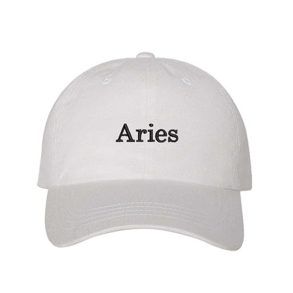White Aries Zodiac Embroidered Baseball Hat featuring sharp black embroidery on a premium cotton crown; a sophisticated astrological statement piece by DSY Lifestyle.