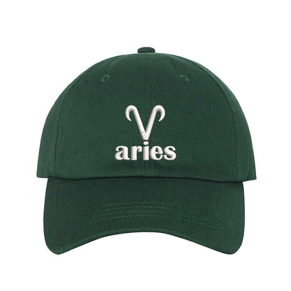 Forest Green Aries Symbol Embroidered Baseball Hat featuring a sharp white embroidered Ram glyph on a premium cotton crown; a minimalist zodiac statement by DSY Lifestyle.