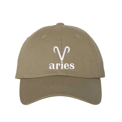 Khaki Aries Symbol Embroidered Baseball Hat featuring a sharp white embroidered Ram glyph on a premium cotton crown; a minimalist zodiac statement by DSY Lifestyle.