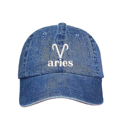 Light Denim Aries Symbol Embroidered Baseball Hat featuring a sharp white embroidered Ram glyph on a premium cotton crown; a minimalist zodiac statement by DSY Lifestyle.