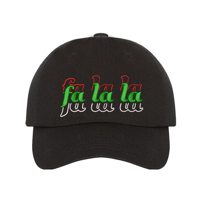 Black Fa La La Christmas Stacked Embroidered Baseball Hat with festive embroidery and adjustable fit, perfect for holiday style and Christmas cheer – DSY Lifestyle.