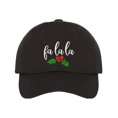 Black Fa La La Christmas Mistletoe Embroidered Baseball Hat featuring festive holiday embroidery with mistletoe design and adjustable hook and loop fit. – DSY Lifestyle