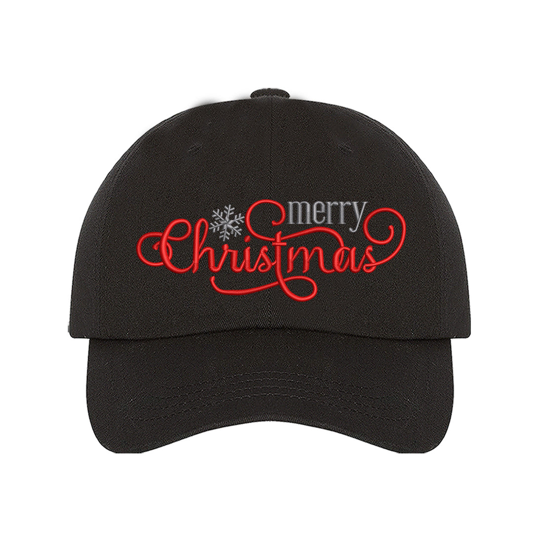 Black Merry Christmas Snowflake Embroidered Baseball Hat featuring festive red and white embroidery, curved brim, and adjustable hook and loop closure for holiday style. - DSY Lifestyle