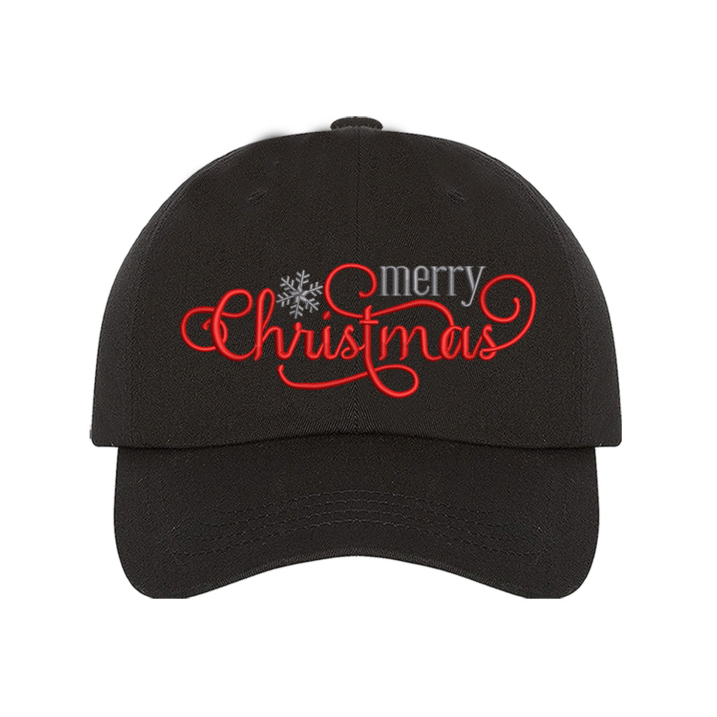 Black Merry Christmas Snowflake Embroidered Baseball Hat featuring festive red and white embroidery, curved brim, and adjustable hook and loop closure for holiday style. - DSY Lifestyle