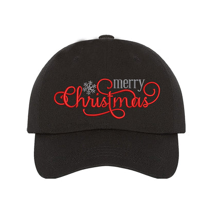 Black Merry Christmas Snowflake Embroidered Baseball Hat featuring festive red and white embroidery, curved brim, and adjustable hook and loop closure for holiday style. - DSY Lifestyle