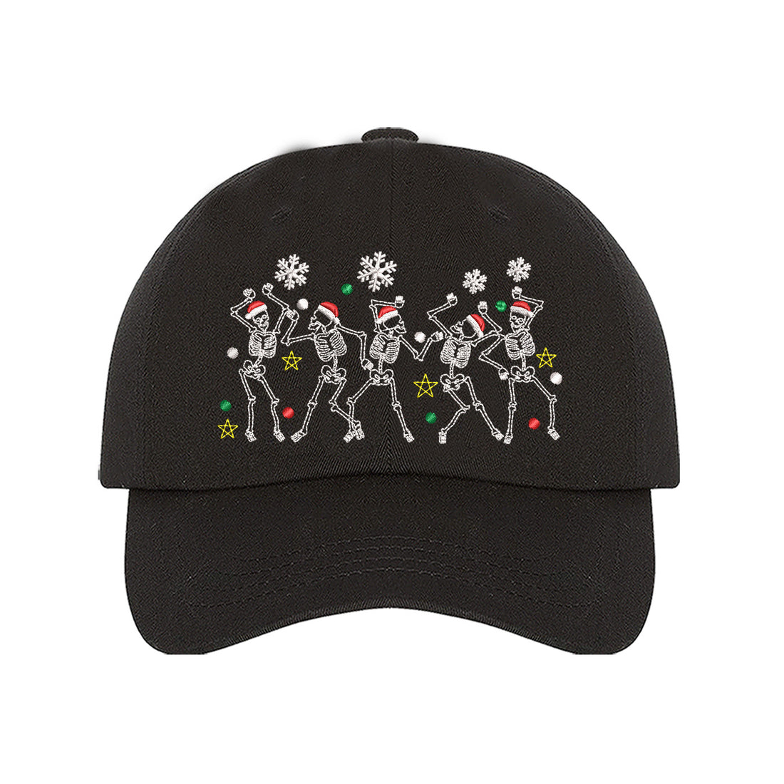 Black Dancing Skeletons Christmas Embroidered Baseball Hat featuring festive dancing skeleton embroidery and adjustable hook and loop closure – DSY Lifestyle.