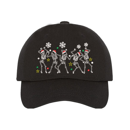 Black Dancing Skeletons Christmas Embroidered Baseball Hat featuring festive dancing skeleton embroidery and adjustable hook and loop closure – DSY Lifestyle.