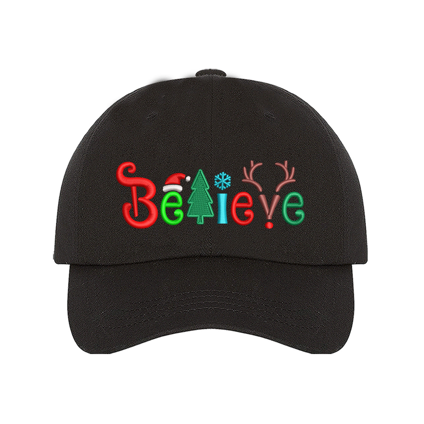 Black Believe Christmas Embroidered Baseball Hat with festive holiday stitching, curved brim, and adjustable hook-and-loop closure – DSY Lifestyle