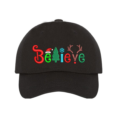 Black Believe Christmas Embroidered Baseball Hat with festive holiday stitching, curved brim, and adjustable hook-and-loop closure – DSY Lifestyle