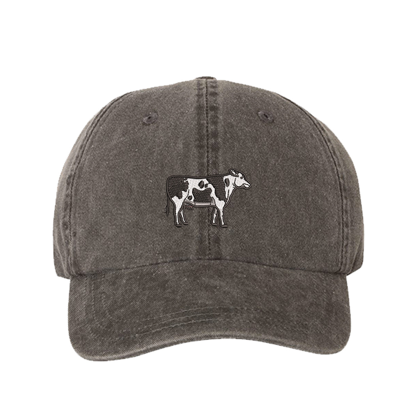 Black Holstein Cow Washed Baseball Hat featuring a detailed black and white Holstein cow embroidered on a premium charcoal washed cotton crown; a heritage-inspired farm life piece by DSY Lifestyle.