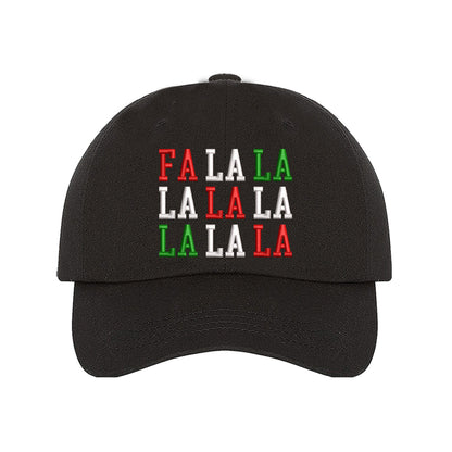 Black Fa La La Christmas Block Embroidered Baseball Hat featuring festive block embroidery, breathable cotton, and adjustable fit for a merry holiday look. – DSY Lifestyle
