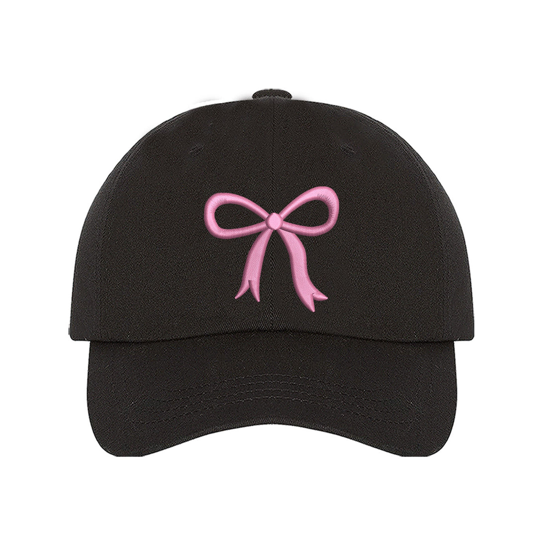 Black Bow Baseball Hat featuring a dainty pink embroidered bow on a classic cap, perfect for a coquette-style outfit or a feminine statement accessory.