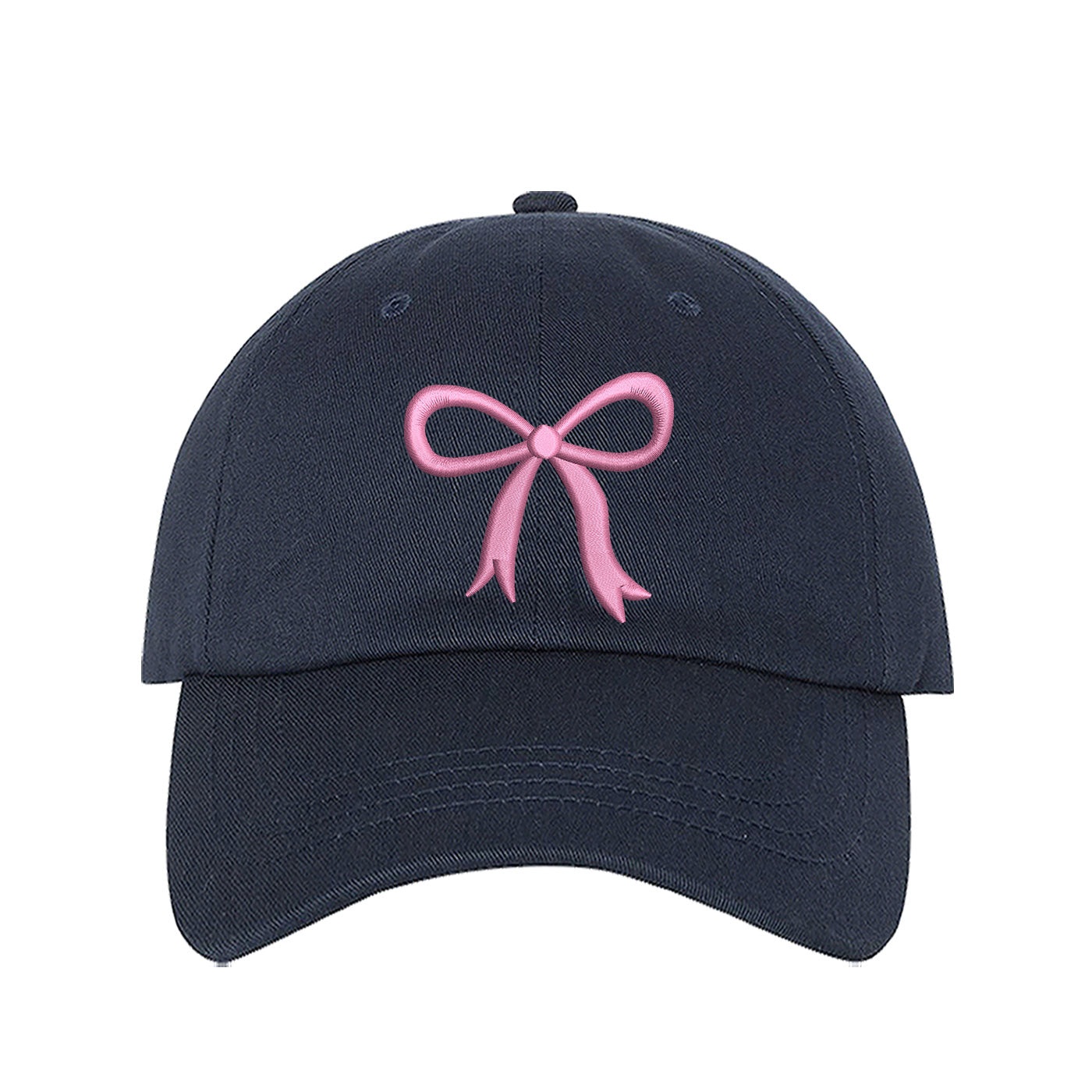 Navy Blue Bow Baseball Hat featuring a dainty pink embroidered bow on a classic cap, perfect for a coquette-style outfit or a feminine statement accessory.