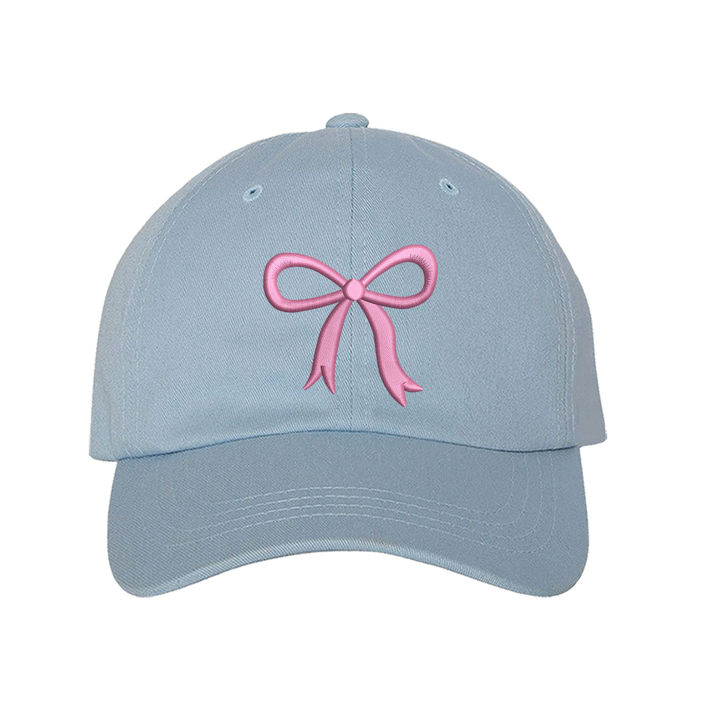 Sky Blue Bow Baseball Hat featuring a dainty pink embroidered bow on a classic cap, perfect for a coquette-style outfit or a feminine statement accessory.