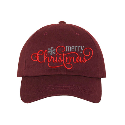 Burgundy Merry Christmas Snowflake Embroidered Baseball Hat featuring festive red and white embroidery, curved brim, and adjustable hook and loop closure for holiday style. - DSY Lifestyle