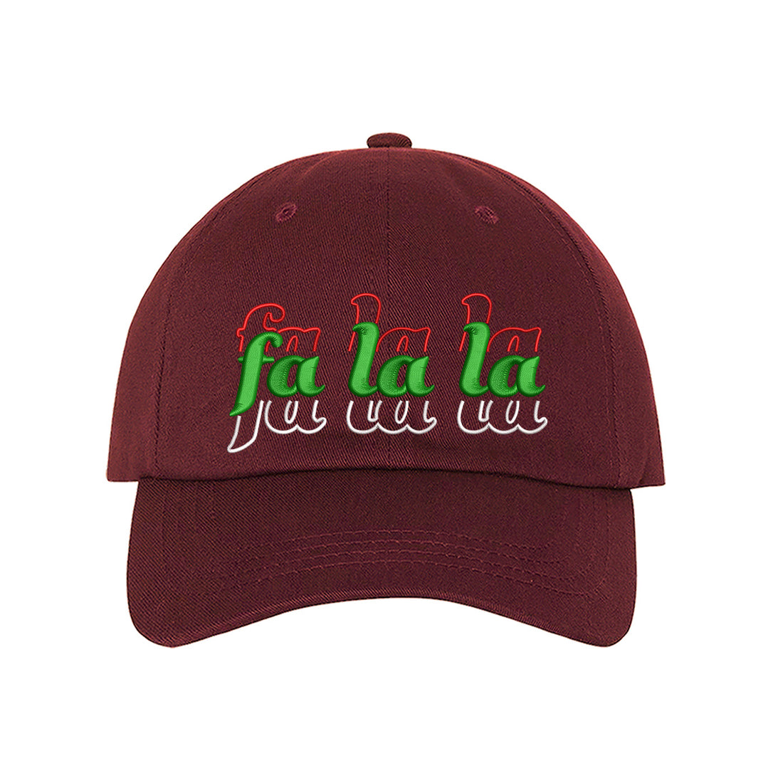 Burgundy Fa La La Christmas Stacked Embroidered Baseball Hat with festive embroidery and adjustable fit, perfect for holiday style and Christmas cheer – DSY Lifestyle.