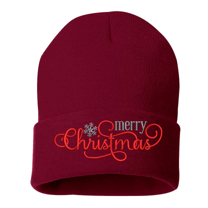 Burgundy Merry Christmas Snowflakes Embroidered Beanie Cap featuring festive embroidered snowflakes and warm winter knit design – DSY Lifestyle