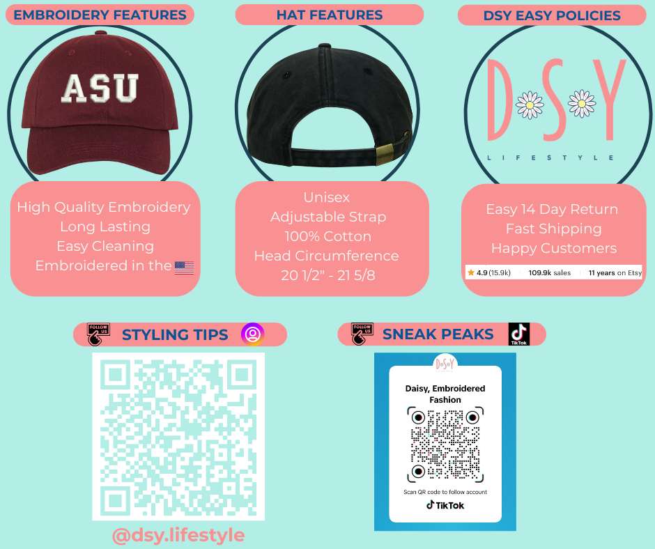Promotional graphic for DSY Lifestyle hats with features and branding details.