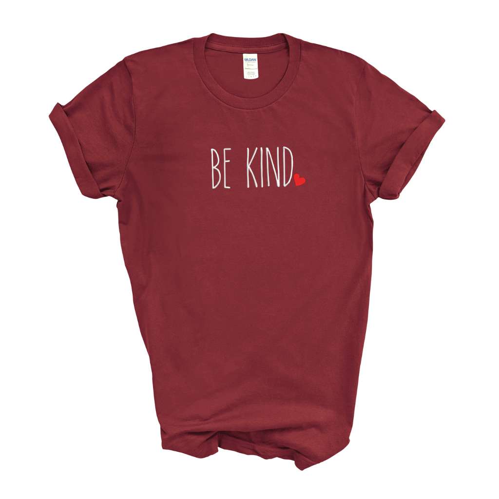 Female wearing a burgundy oversized unisex t-shirt embroidered with Be Kind and a heart - DSY Lifestyle
