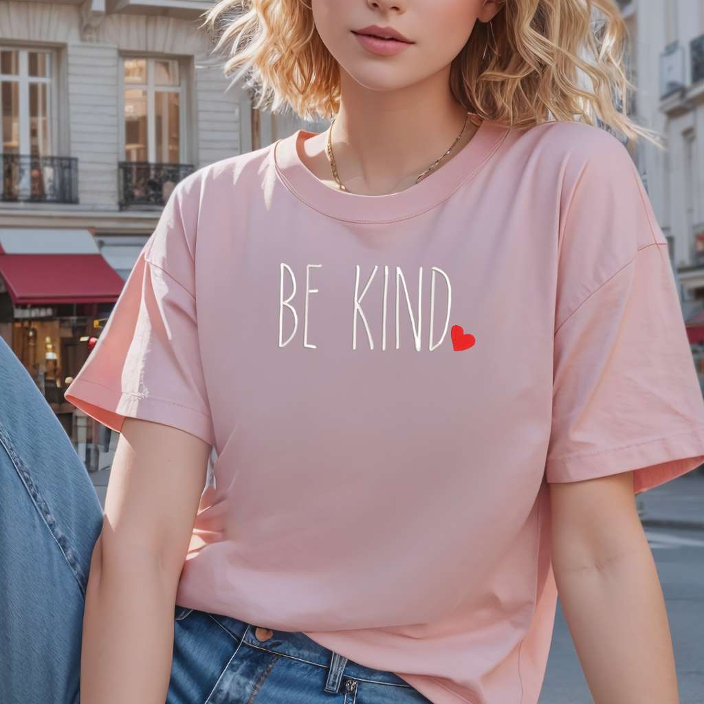 Female wearing a light pink oversized unisex t-shirt embroidered with Be Kind and a heart - DSY Lifestyle