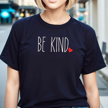 Female wearing a navy oversized unisex t-shirt embroidered with Be Kind and a heart - DSY Lifestyle