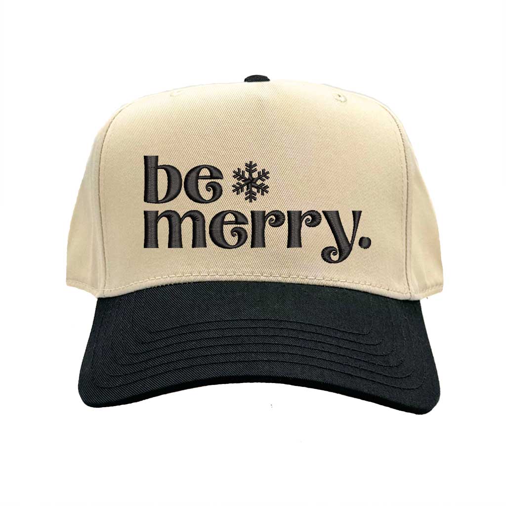 Natural Black Be Merry Christmas Two Tone 5 Panel Embroidered Baseball Hat with festive embroidery and adjustable snapback closure – DSY Lifestyle