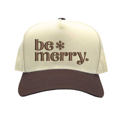 Natural Brown Be Merry Christmas Two Tone 5 Panel Embroidered Baseball Hat with festive embroidery and adjustable snapback closure – DSY Lifestyle