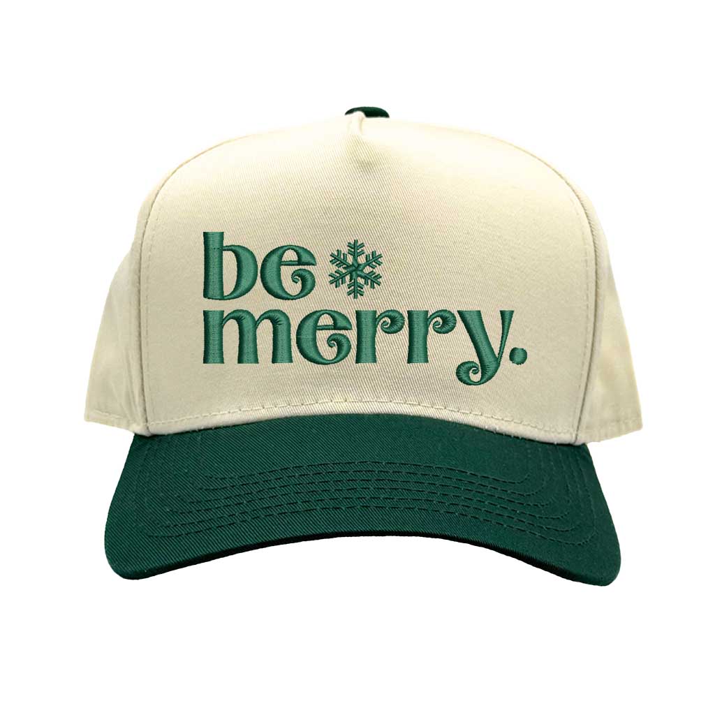 Natural Forest Green Be Merry Christmas Two Tone 5 Panel Embroidered Baseball Hat with festive embroidery and adjustable snapback closure – DSY Lifestyle