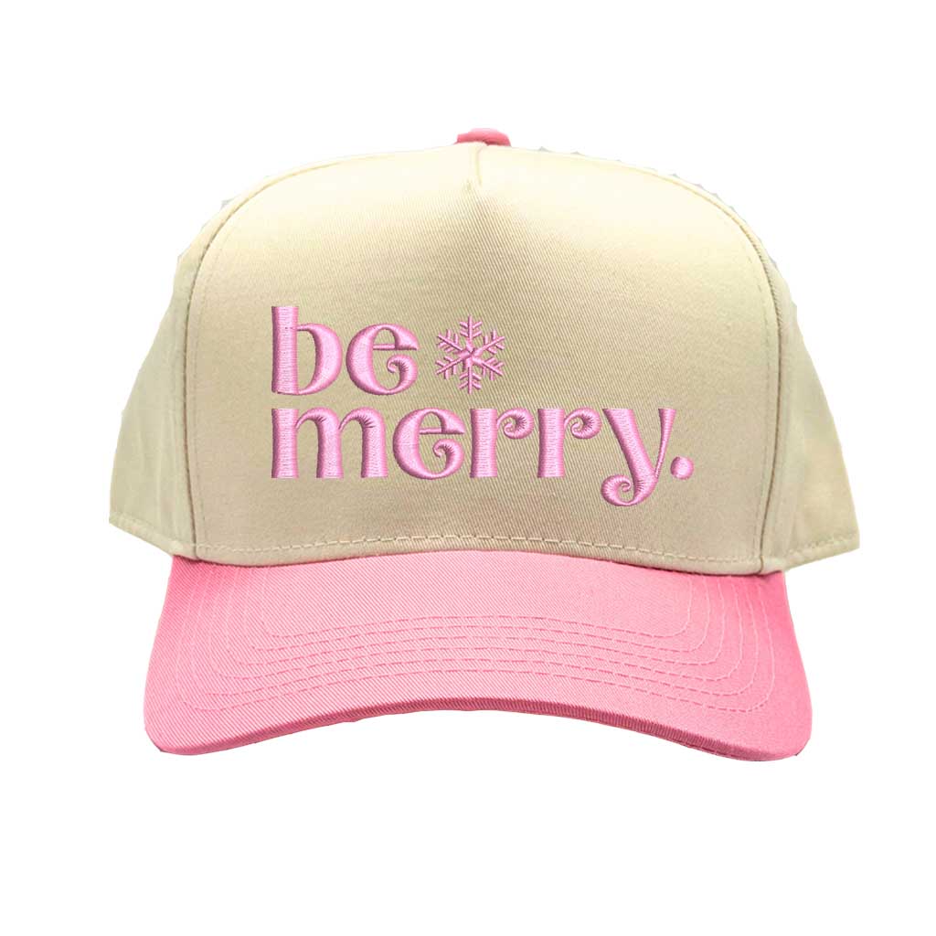 Natural Light Pink Be Merry Christmas Two Tone 5 Panel Embroidered Baseball Hat with festive embroidery and adjustable snapback closure – DSY Lifestyle