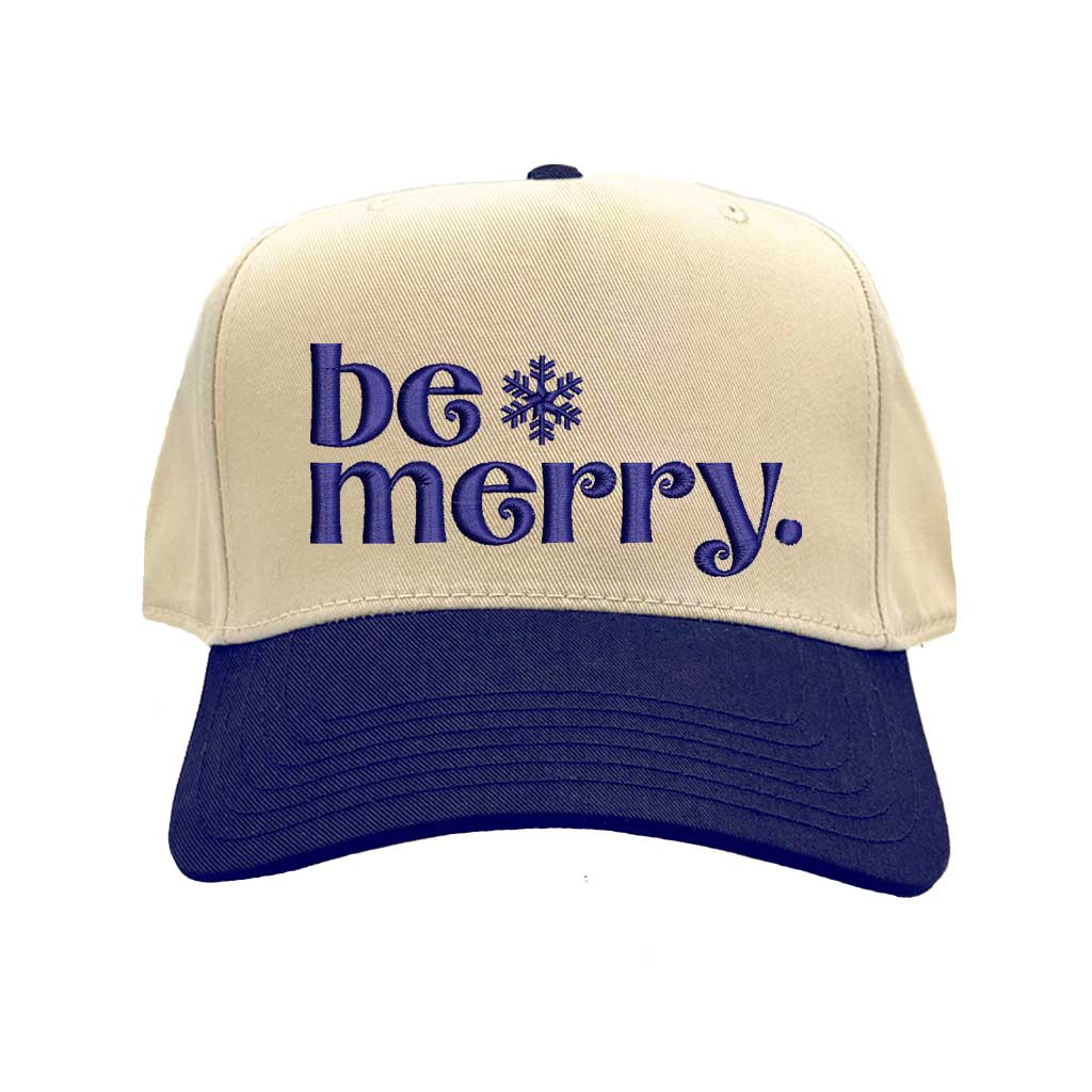 Natural Navy Blue Be Merry Christmas Two Tone 5 Panel Embroidered Baseball Hat with festive embroidery and adjustable snapback closure – DSY Lifestyle