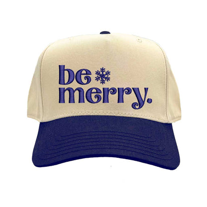 Natural Navy Blue Be Merry Christmas Two Tone 5 Panel Embroidered Baseball Hat with festive embroidery and adjustable snapback closure – DSY Lifestyle