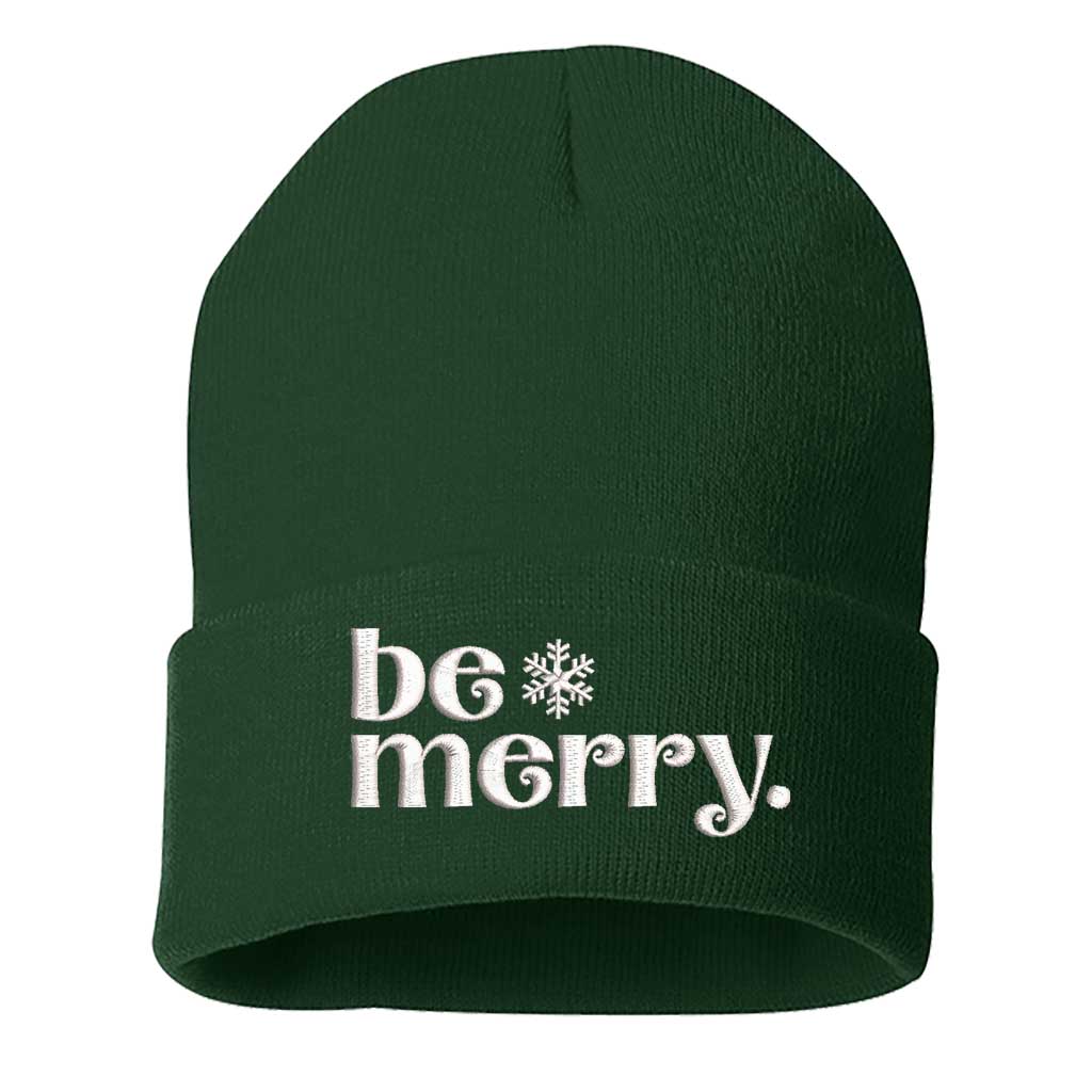 Forest Green Be Merry Embroidered Beanie Cap featuring festive holiday embroidery and cozy knit design – DSY Lifestyle
