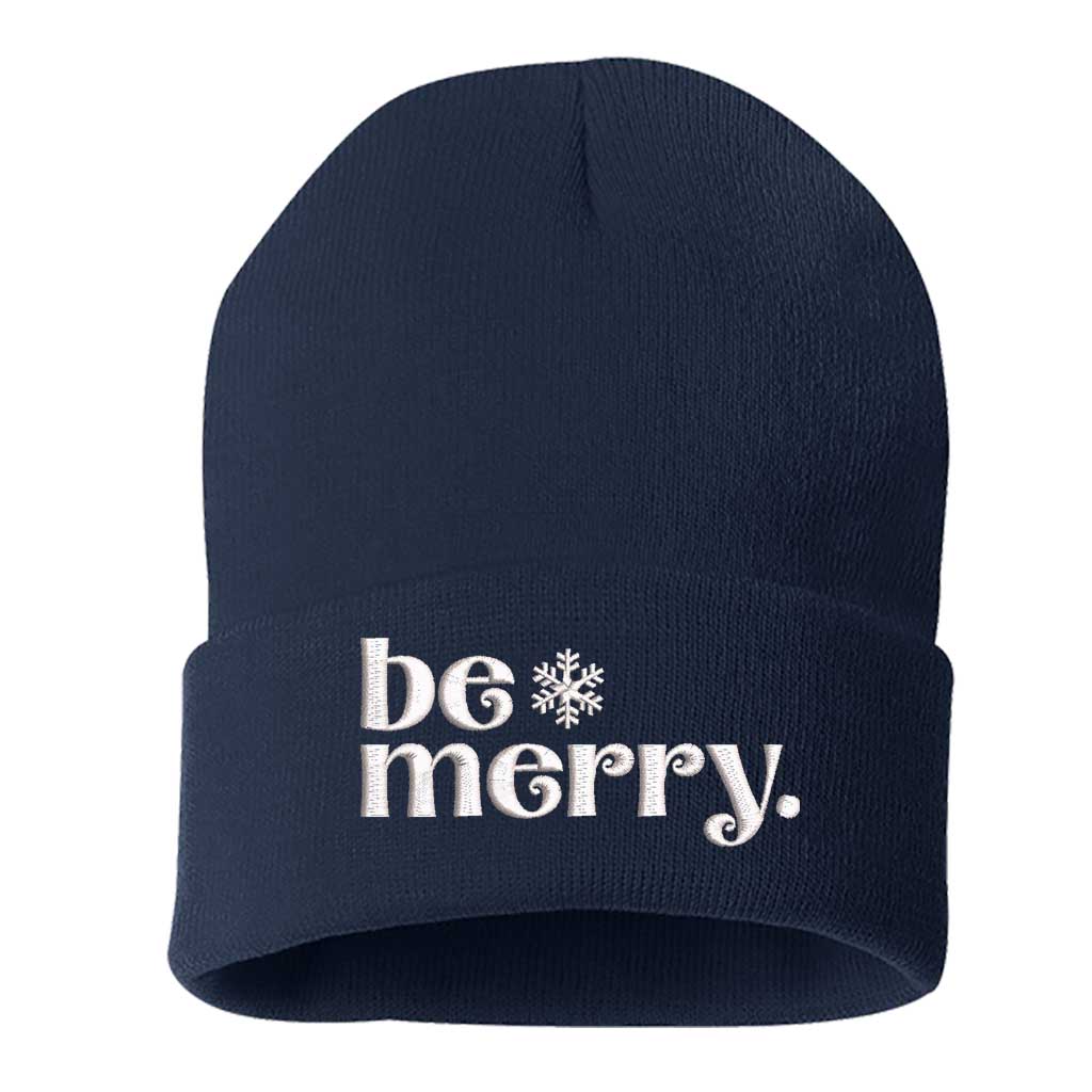 Navy Blue Be Merry Embroidered Beanie Cap featuring festive holiday embroidery and cozy knit design – DSY Lifestyle